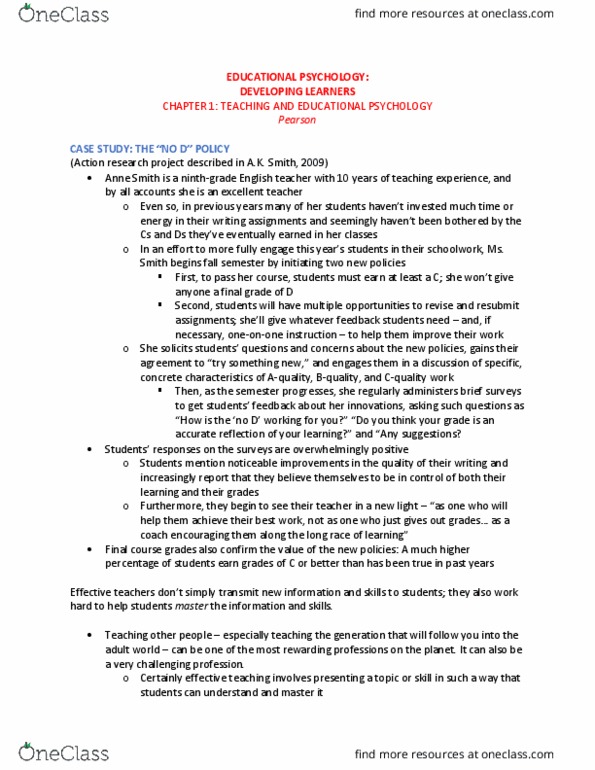 EDUC 40 Chapter Notes - Chapter 1 (Educational Psychology, Pearson): Educational Psychology, Final Grades, Challenging Times thumbnail